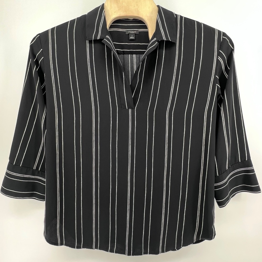 Ann Taylor Factory Womens Black White Striped Split Neck 3/4 Sleeve Blouse M